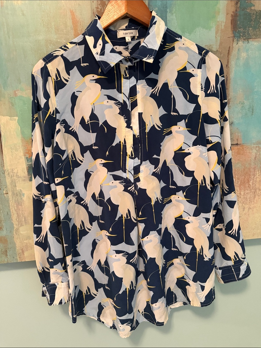 Tyler Boe 100% Silk Crane Bird Print Convertible Roll Tab Blouse Small